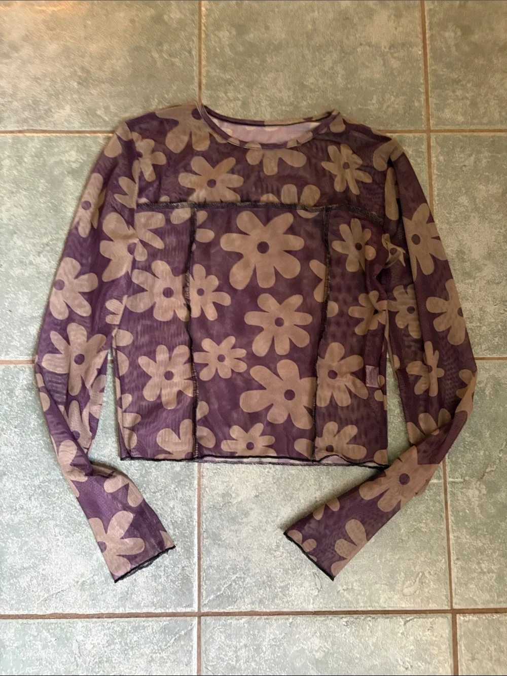 Purple Floral Mesh Long-Sleeve Crop Top - Picture 1 of 2